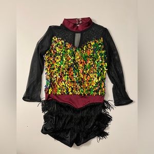 Weissman sparkle Dance Costume Tap Jazz fringe flapper maroon black long sleeve